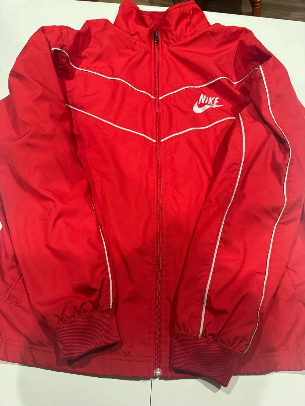Nike Red Athletic Track Jacket with White Swoosh Size Large